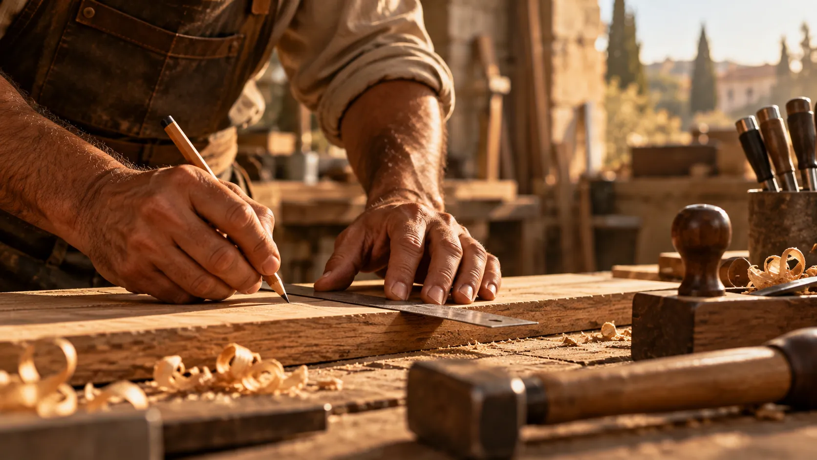 Mani di un artigiano che tracciano una linea su una tavola di legno