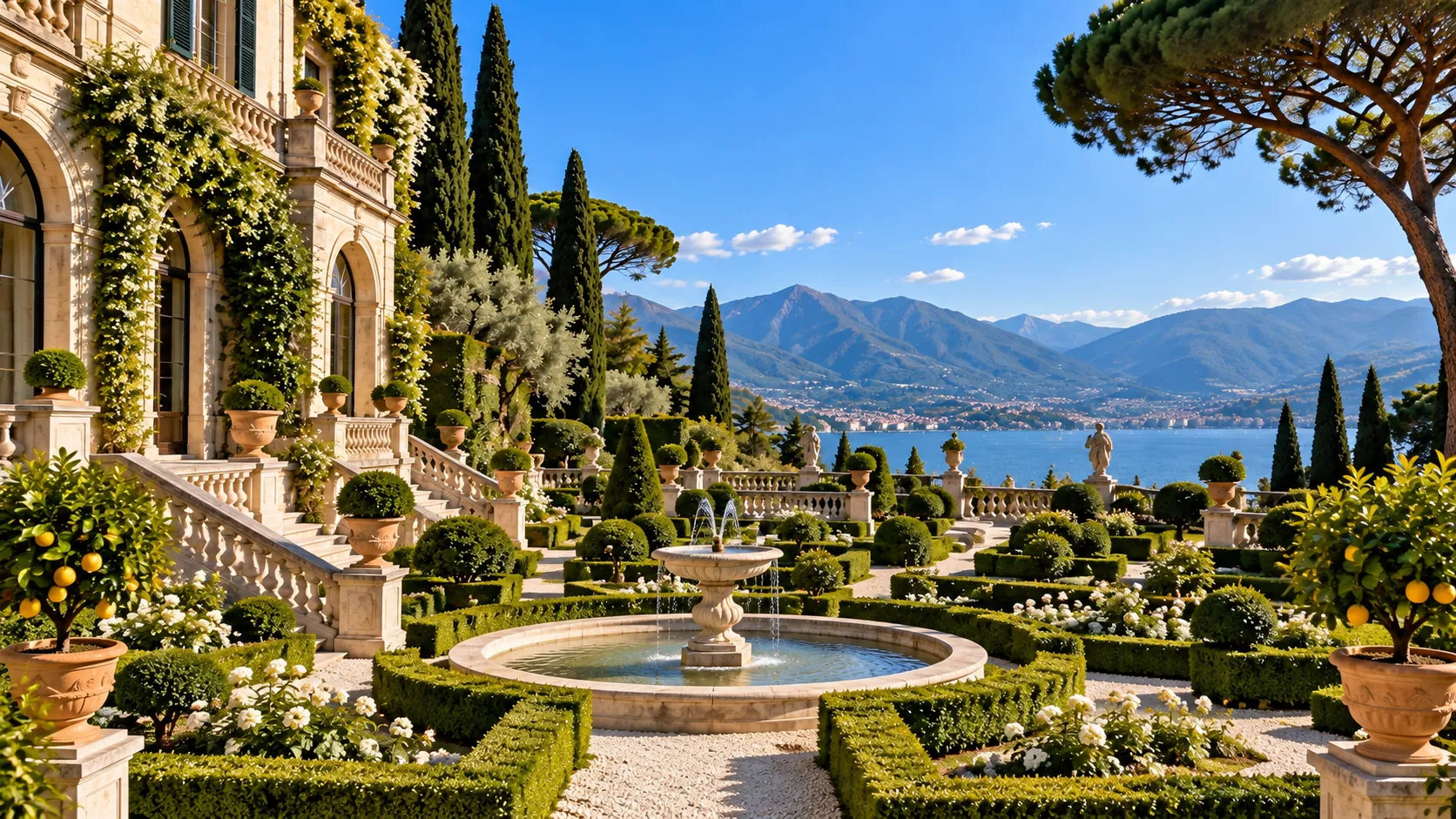 Giardino panoramico di una villa di lusso con vista sul lago