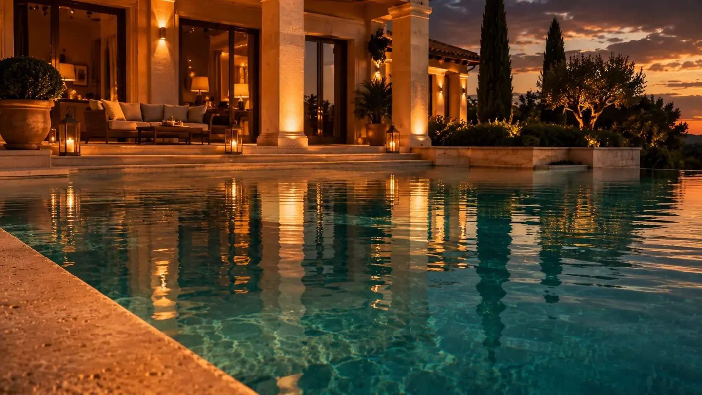 Bordo piscina in travertino con i riflessi del tramonto sull'acqua di una dimora romana