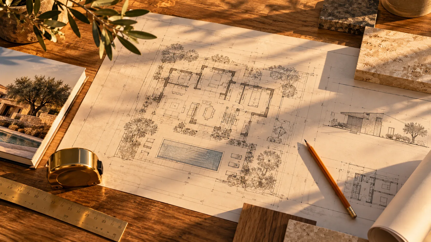 Progetti architettonici su tavolo di lavoro, pianificazione strategica e design
