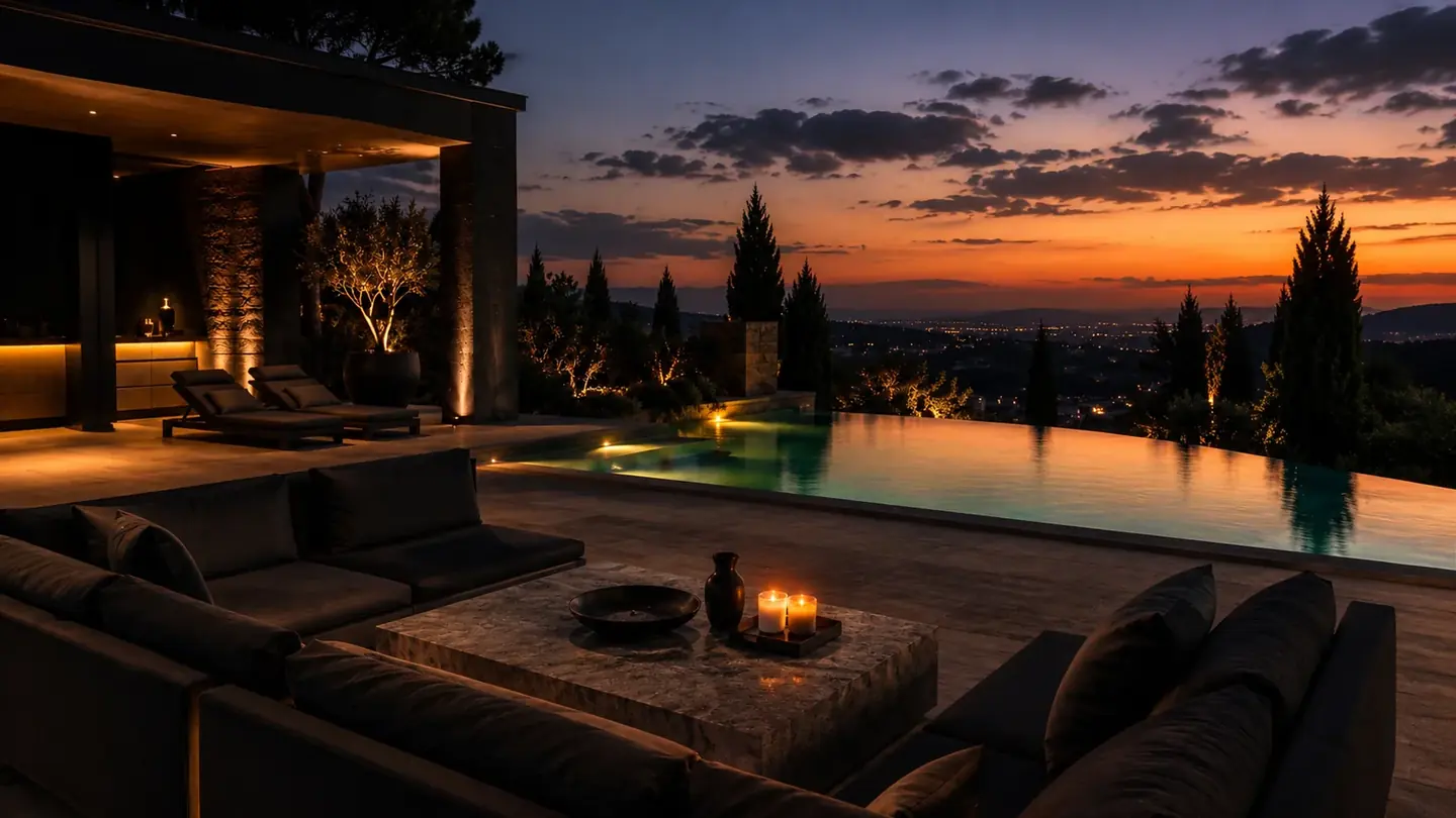 Terrazza di lusso illuminata da candele al crepuscolo con vista sulle colline intorno a Roma